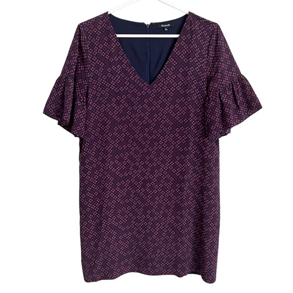 MADEWELL Silk Bell-Sleeve Dress Painted Clover Purple Mini Ruffle Sleeve Size 0 - Picture 3 of 9